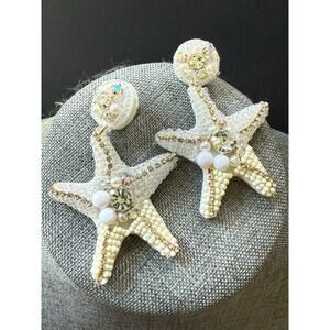 Womens Dangle Drop Starfish Earrings Rhinestones Crystal Bead White Coastal